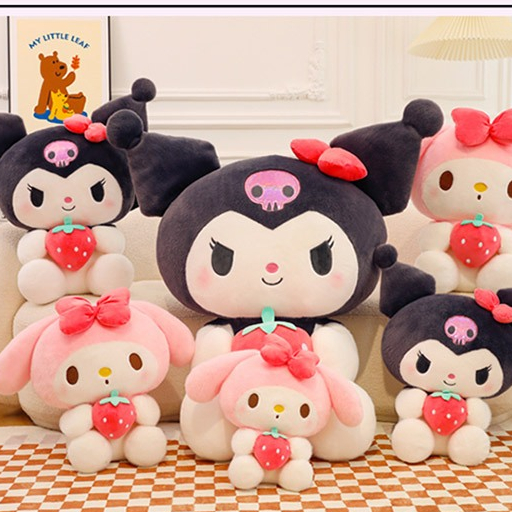 Gấu Bông Melody - Kuromi Ôm Dâu Đáng Yêu Cho Bé, Thú Bông Hoạt Hình Cao Cấp, Bộ Đội Kuromi Tím- Melody Hồng