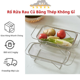Rổ rửa rau củ quả bằng thép không gỉ có thể thu gọn, giá úp chén đĩa ráo nước tiện dụng cho bồn rửa