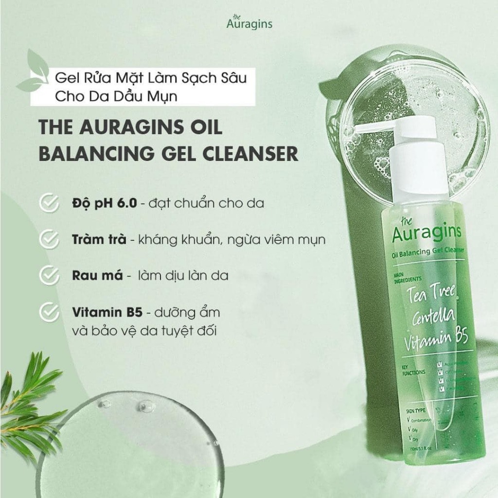 Gel rửa mặt The Auragins Oil Balancing Gel Cleanser làm sạch sâu cho da dầu mụn 150ml và 30ml