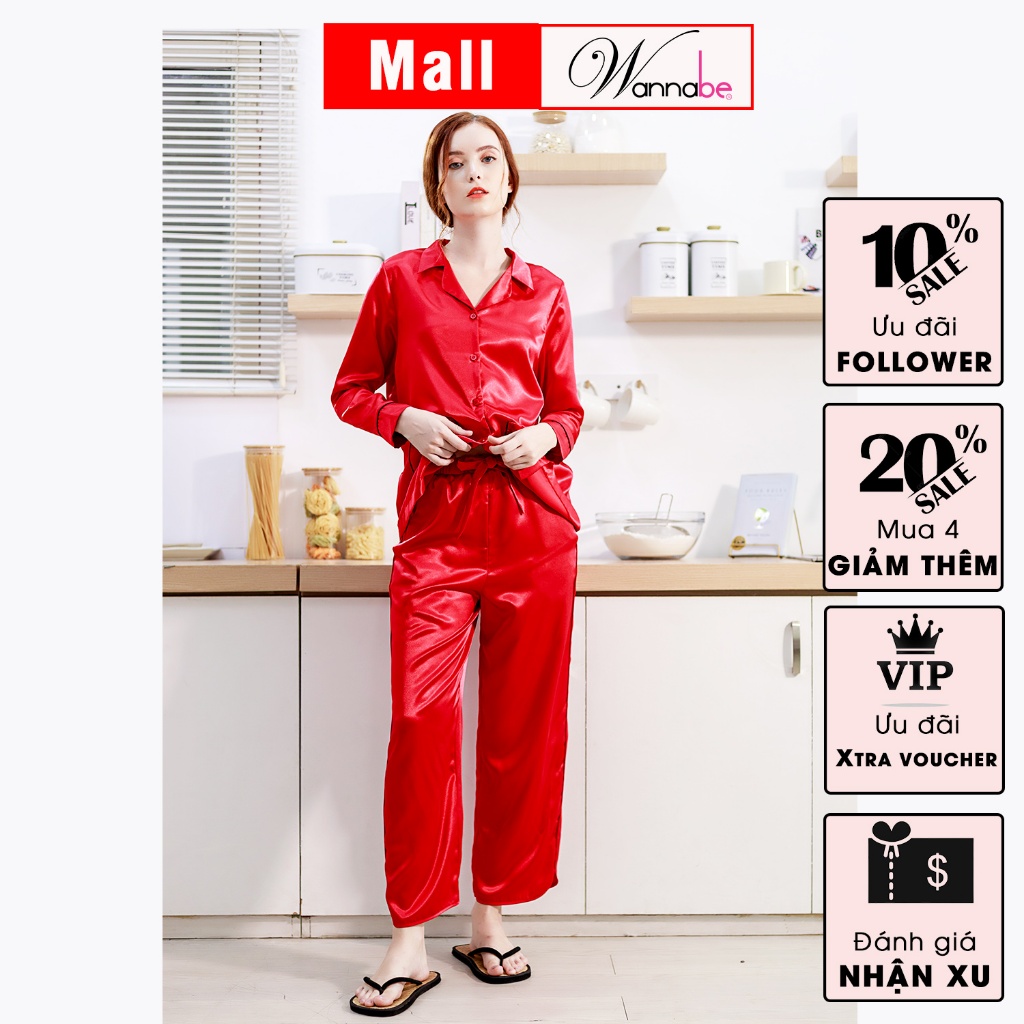 Đồ bộ mặc nhà pijama nữ WANNABE BDS44 đồ bộ quần dài phối áo tay dài trang trí hai túi bo tròn xinh xắn nữ tính quý phái