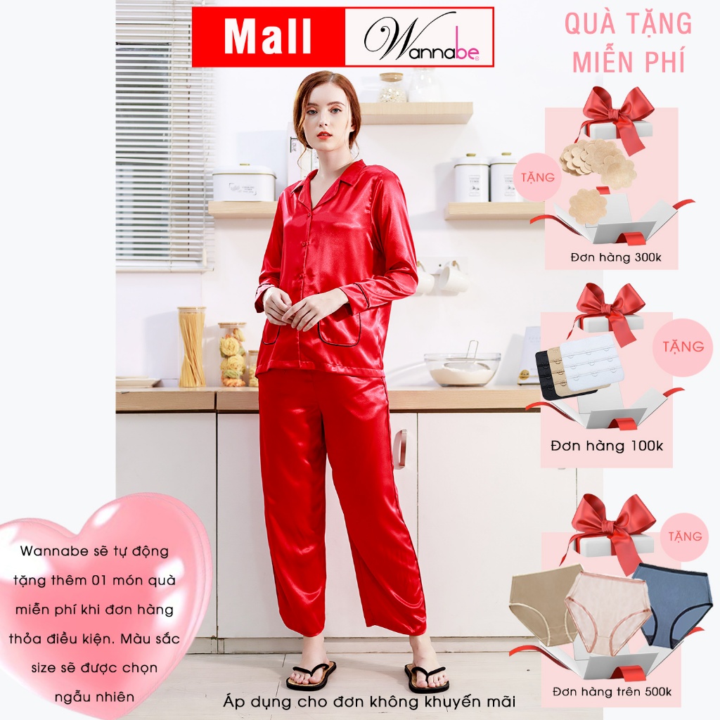 Đồ bộ mặc nhà pijama nữ WANNABE BDS44 đồ bộ quần dài phối áo tay dài trang trí hai túi bo tròn xinh xắn nữ tính quý phái