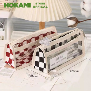 Túi Bút Hai Ngăn Trong Suốt Họa Tiết Sọc Caro Trắng Đen, Đỏ Túi bút Caro cỡ lớn bằng nhựa pvc chống nước