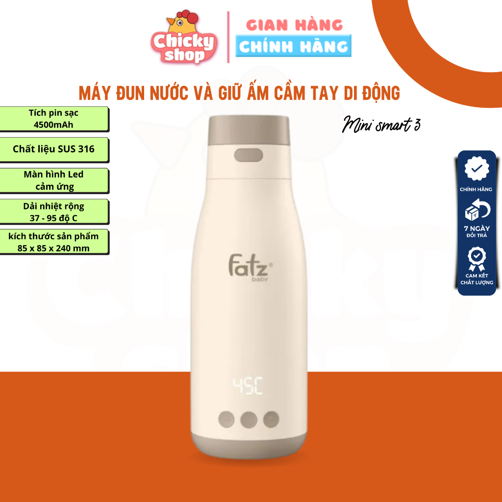 Bình đun và hâm nước pha sữa di động cầm tay mini smart 3 FATZBABY FB3621FD đun từ 37 - 100 độ và giữ ấm