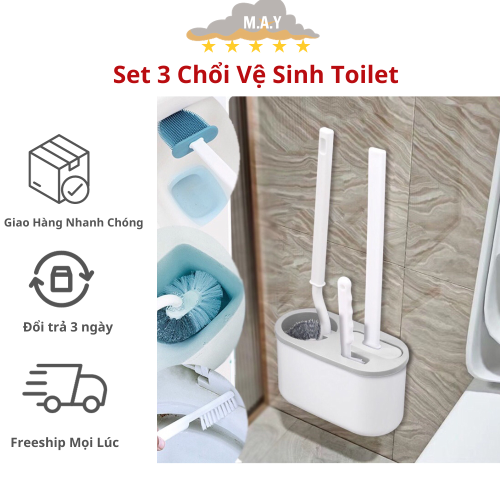 Set 3 Chổi Vệ Sinh Toilet Xoay 360 Độ Treo Tường Cọ Bồn Cầu Silicon 3in1 Nhà Tắm Vệ Sinh Đa Năng Tiện