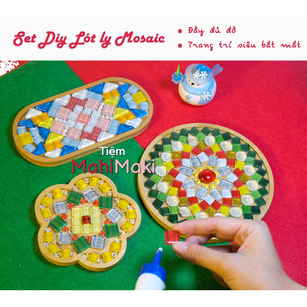 Kit DIY đá khảm mosaic trang trí Giáng Sinh, quà tặng Giáng sinh lót ly giúp giải trí, thư giãn