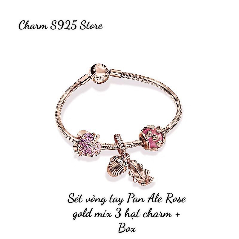 BỘ VÒNG TAY PAN ALE ROSE GOLD MIX 3 HẠT CHARM HẠT DẺ LÁ HÀNG CAO CẤP
