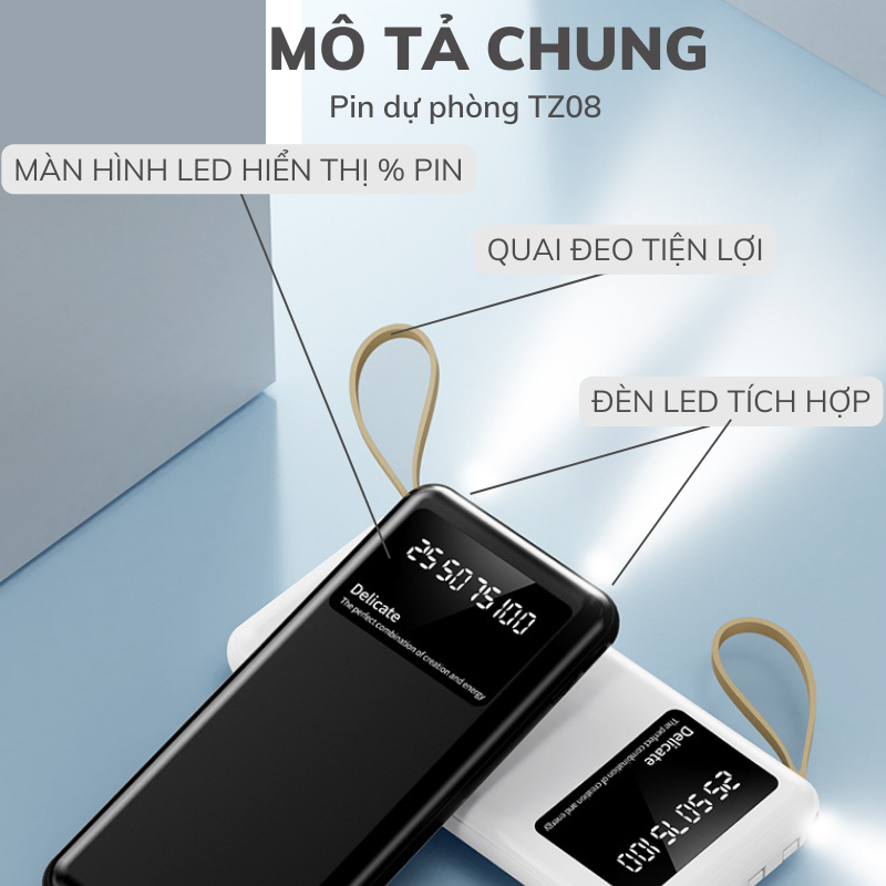 Sạc Dự Phòng dung lượng 20000mah TZ08 Chính hãng , Tích Hợp 4 Dây Sạc, Sạc Không Nóng Máy, Bảo Hành 12 Tháng TECHHIGH