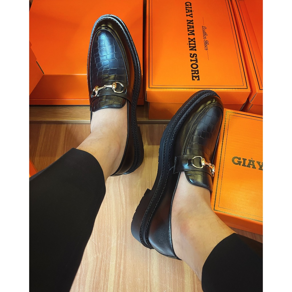 Giày Lười Loafer Phối Khóa SATINO, Giày Tây Lười Nam Da Bò Vân Cá Nguyên Tấm Đế Cao Su Tăng 5,5cm Chiều Cao Mã GH:02