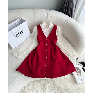 Set sơmi lông cổ bèo kèm yếm nhung