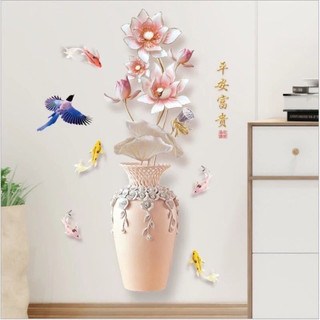 Decal dán tường trang trí bình hoa sen