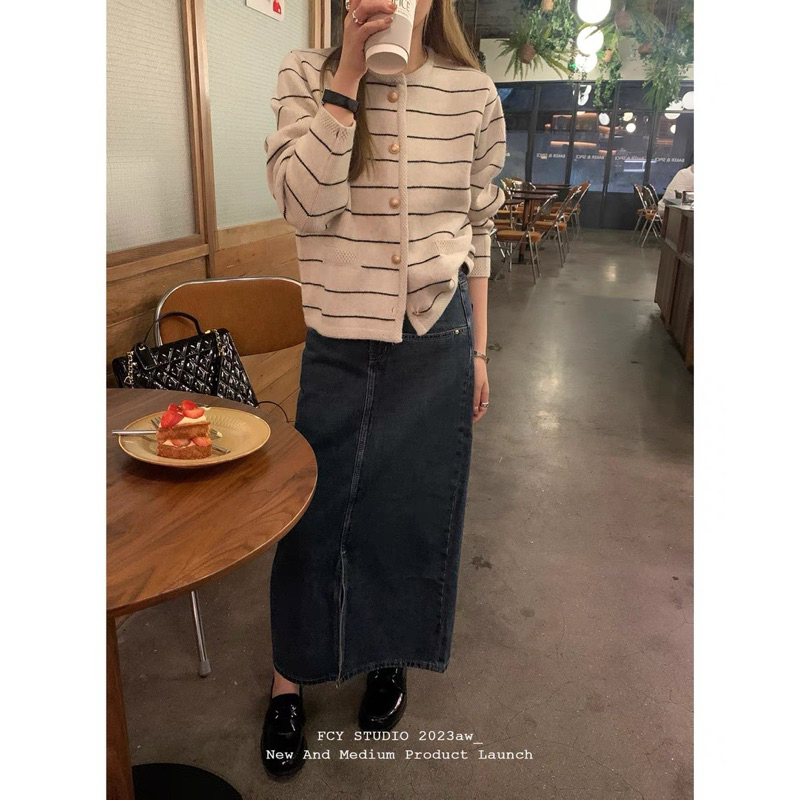 Áo cardigan len kẻ ngang qc