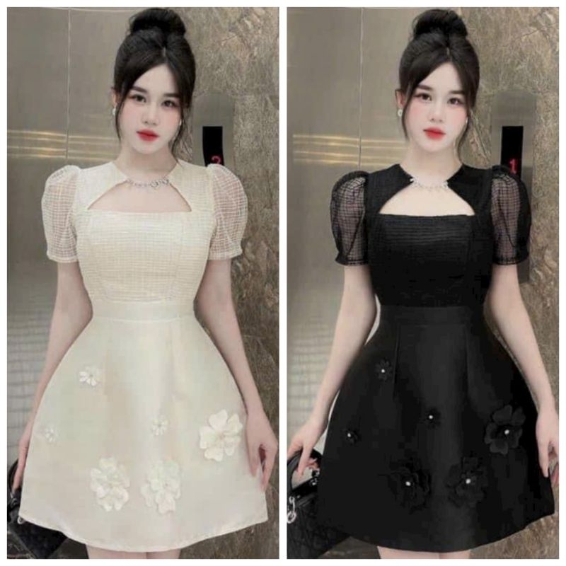 Đầm Tapta mix vải vân mây kết cườm đá đính bông siêu xịn sò (ĐẦM THIẾT KẾ ĐỘC QUYỀN NB25👗⭐️💯)