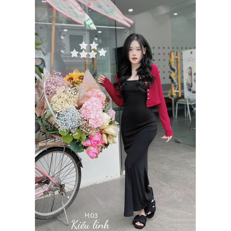 Set Đầm Body Dài Kèm Khoác Đỏ Ngắn