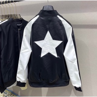 Áo Khoác Bomber Da Doncle Level - Áo Da 2 Lớp Thêu Hình Ngôi Sao Cao Cấp Phong Cách Boy Phố