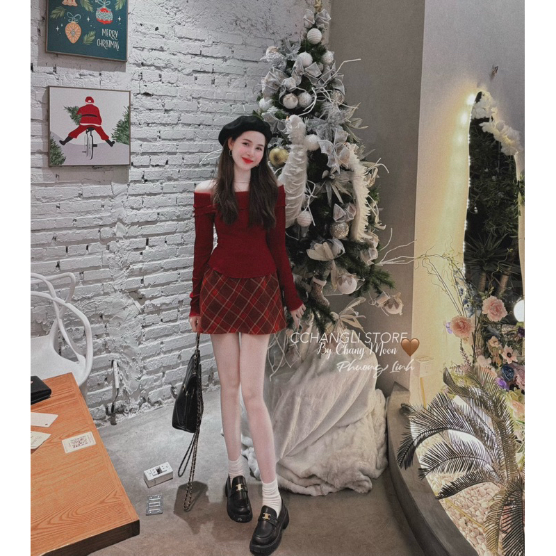 Set áo tăm chân váy kẻ dạ siêu xinh