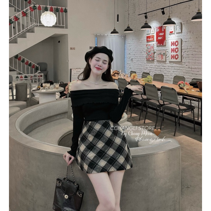 Set áo tăm chân váy kẻ dạ siêu xinh