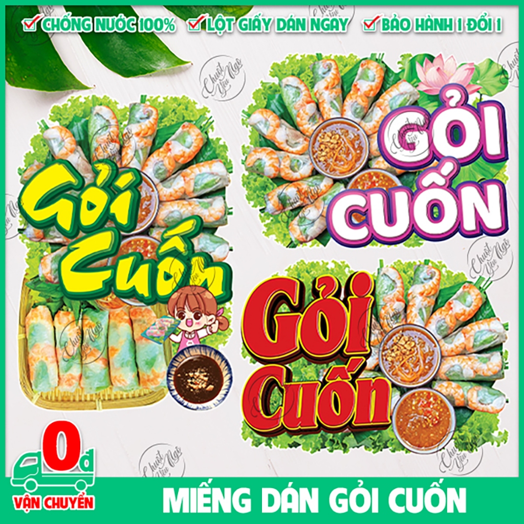 Miếng dán GỎI CUỐN tôm thịt sticker trang trí xe đẩy dán tường decal trang trí quán ăn vặt ẩm thực đường phố