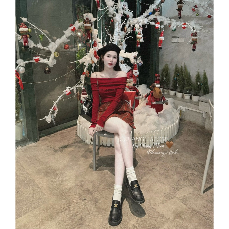 Set áo tăm chân váy kẻ dạ siêu xinh