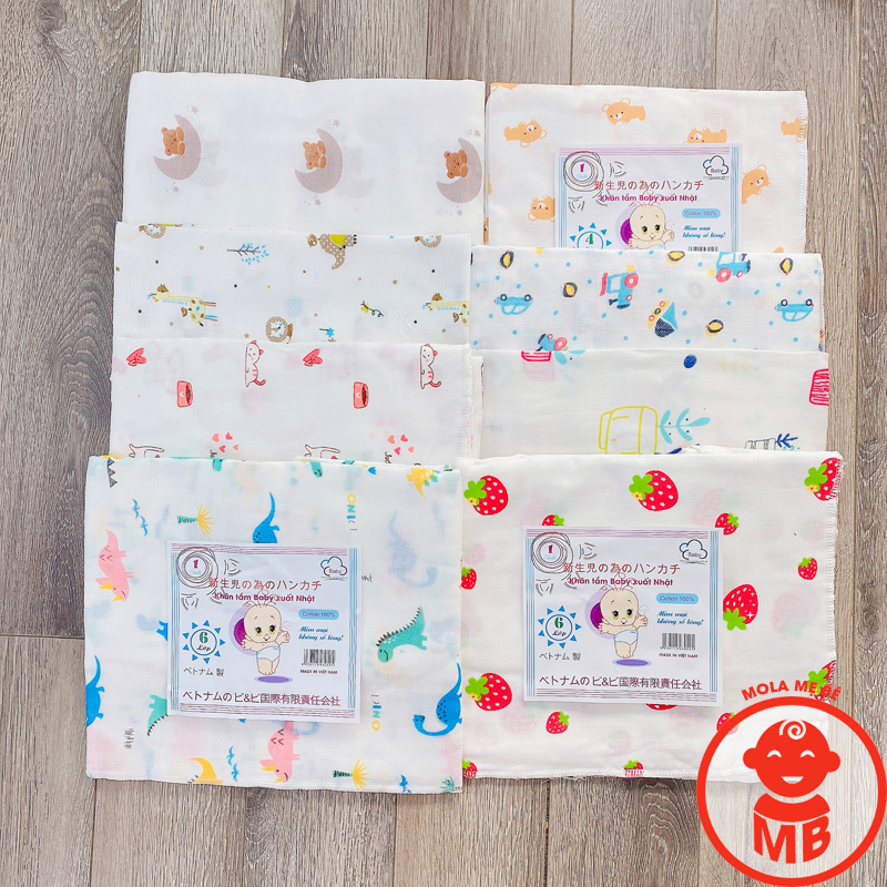 Khăn tắm xô BABY XUẤT NHẬT HỌA TIẾT dễ thương cho bé 2 lớp, 4 lớp, 6 lớp