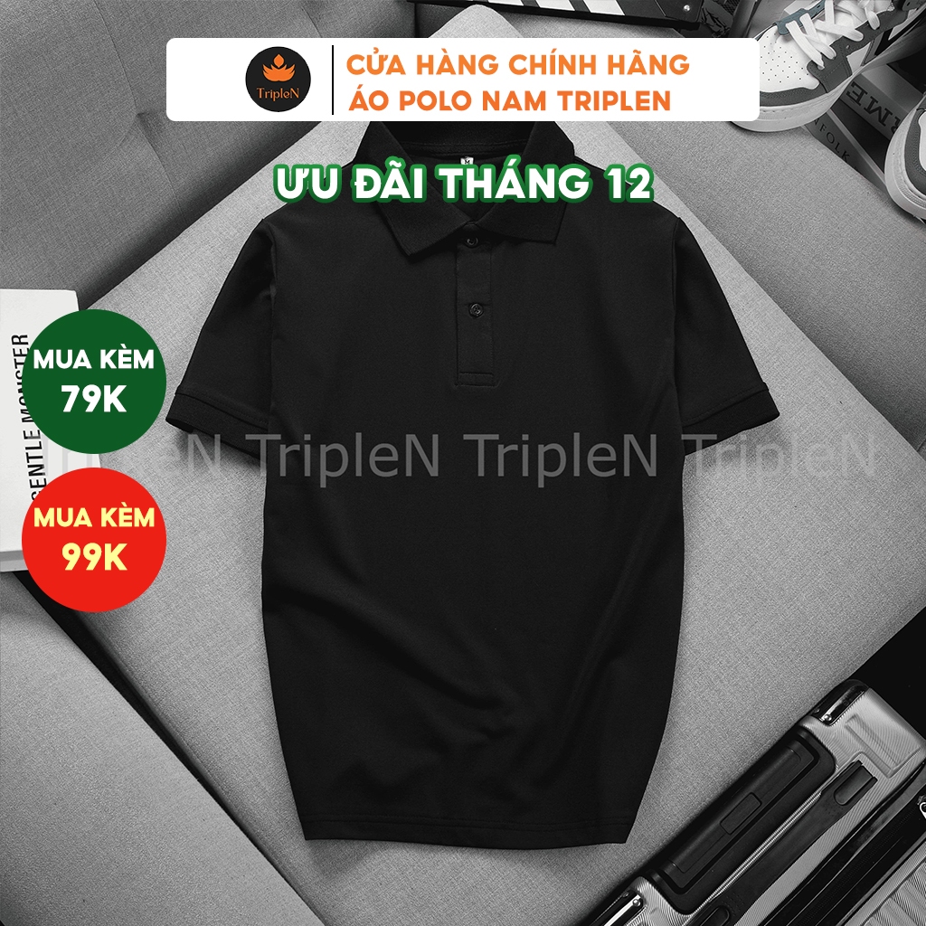 Áo thun polo nam TripleN ngắn tay màu đen kiểu dáng trẻ trung, nam tính co giãn 4 chiều, thấm hút và thoải mái