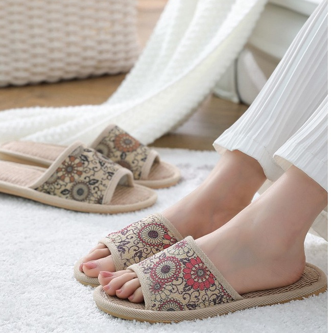 Dép cói vải lanh đi trong nhà họa tiết hoa Vintage đế khâu chắc chắn, kiểu dáng phong cách và sang trọng