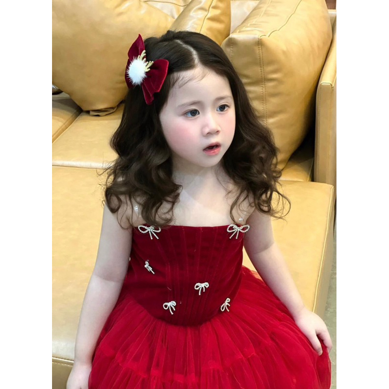 Váy đầm nhung đỏ đính nơ đá cho bé gái 10-30kg