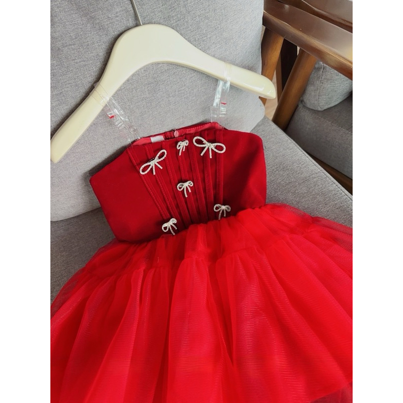 Váy đầm nhung đỏ đính nơ đá cho bé gái 10-30kg