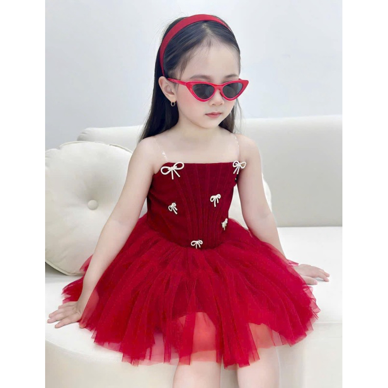 Váy đầm nhung đỏ đính nơ đá cho bé gái 10-30kg