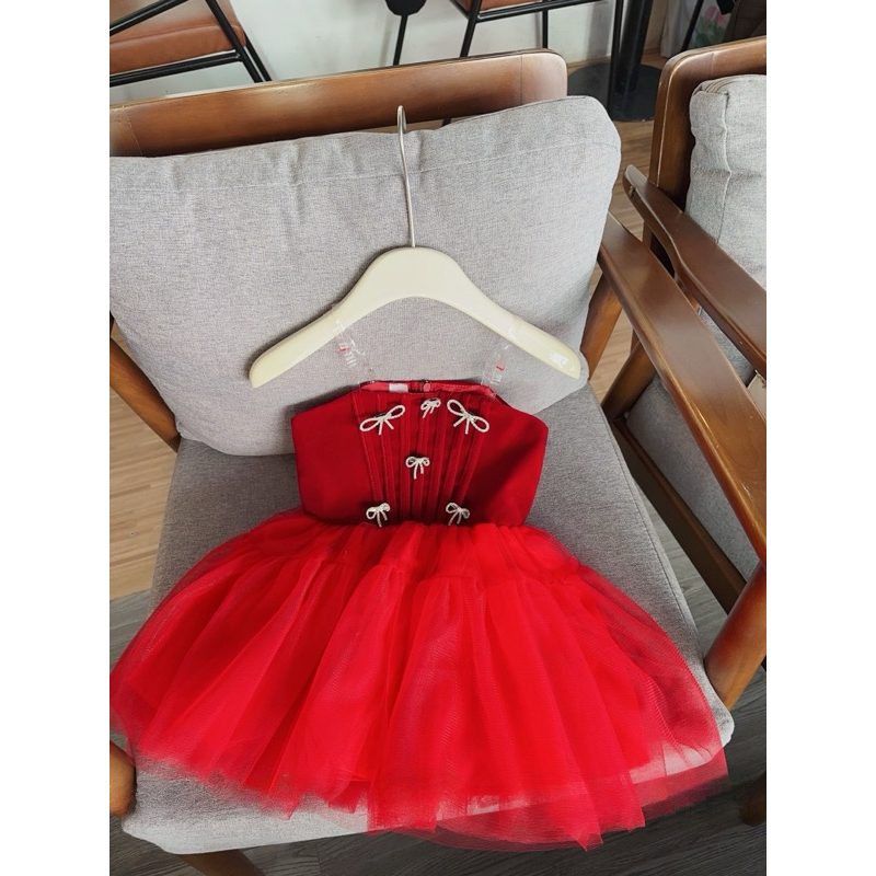 Váy đầm nhung đỏ đính nơ đá cho bé gái 10-30kg