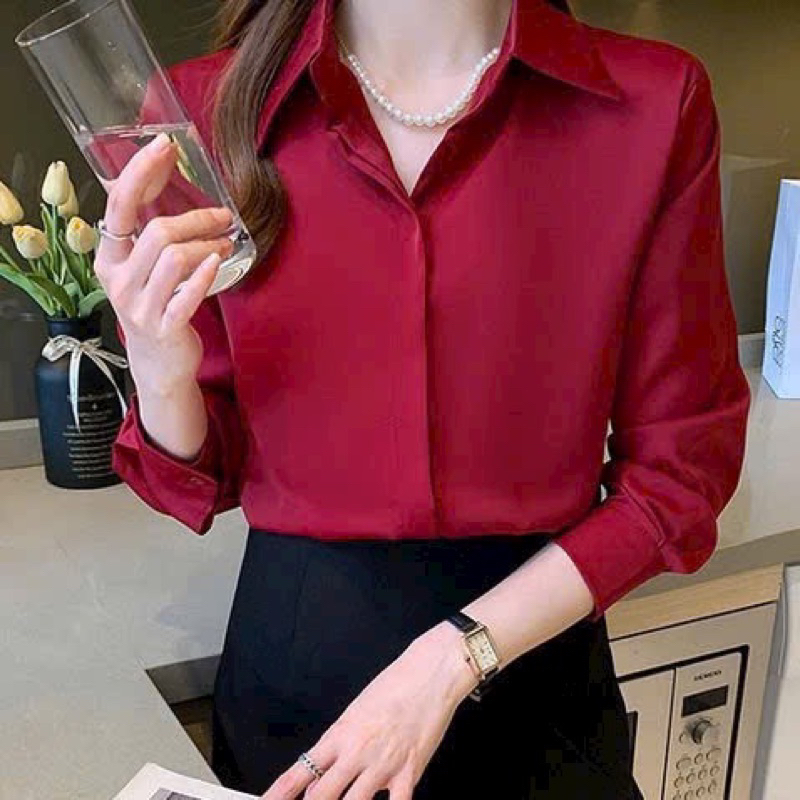 Áo lụa sơ mi nữ công sở đẹp thiết kế sang chảnh trơn dáng cơ bản nẹp dấu cúc thiết kế MQ Boutique