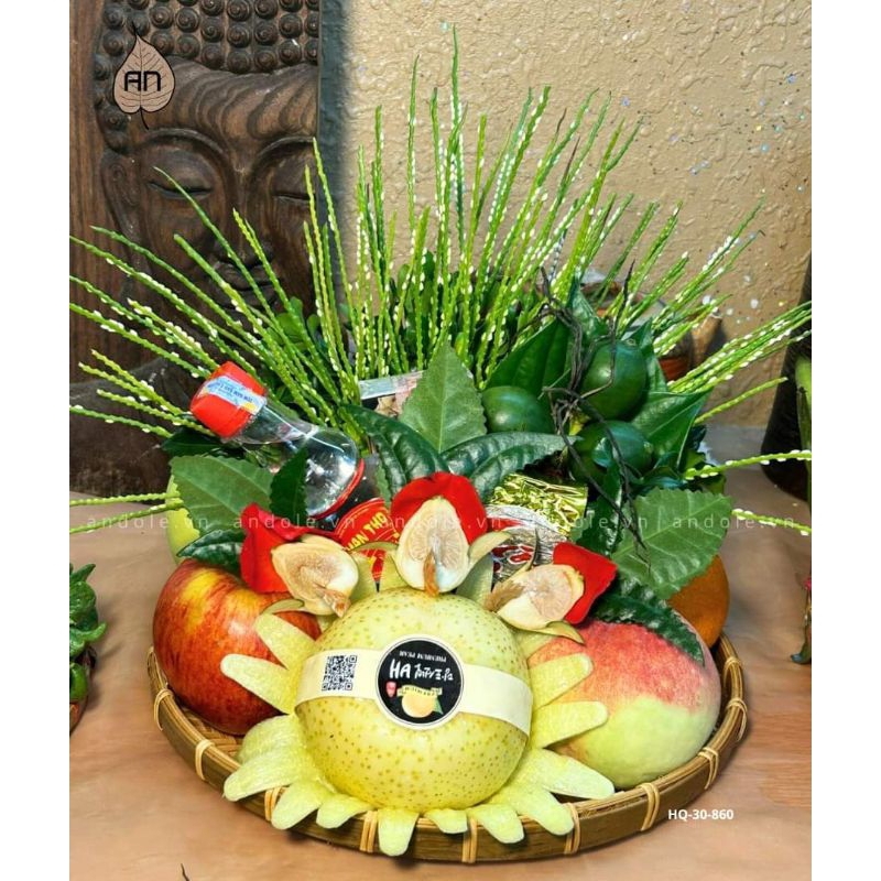 Mẹt trầu cau trà ngũ quả đủ lễ hoặc mẹt 3 quả phối hoa