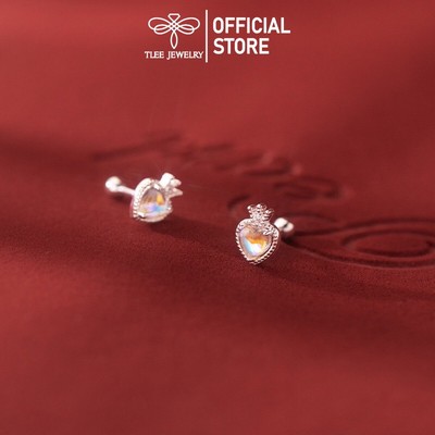 Khuyên tai bạc nữ TLEE, bông tai tim moonstone vương miện chốt ren bi TLEE JEWELRY B0492