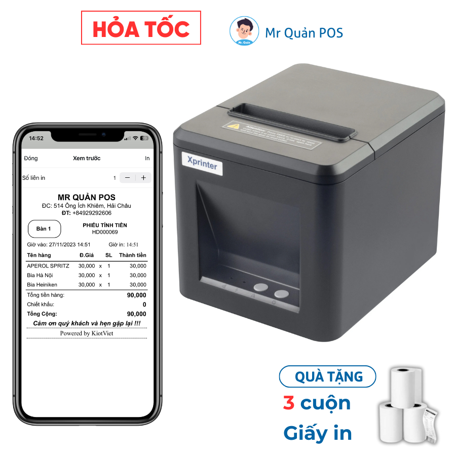 Máy in hóa đơn kết nối điện thoại qua dây LAN Xprinter T80L, cắt giấy tự động, khổ giấy 80mm, sử dụng mọi app