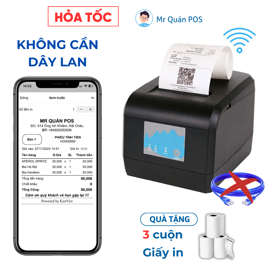 Máy in hóa đơn không dây kết nối wifi Zywell Zy908 không cần dây Lan, kết nối với mọi app, phần mềm bán hàng