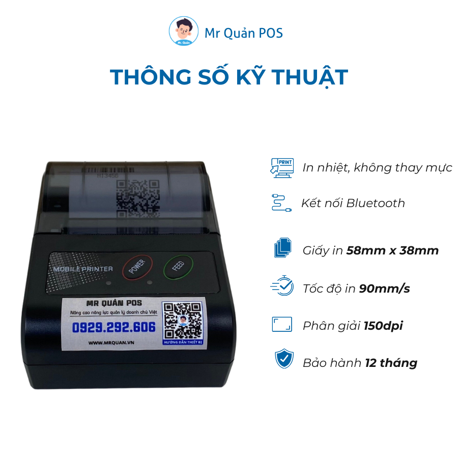 Máy in hóa đơn Bluetooth không dây mang theo người POS 58CC chuyên quán ăn, quán cafe, thu tiền điện nước