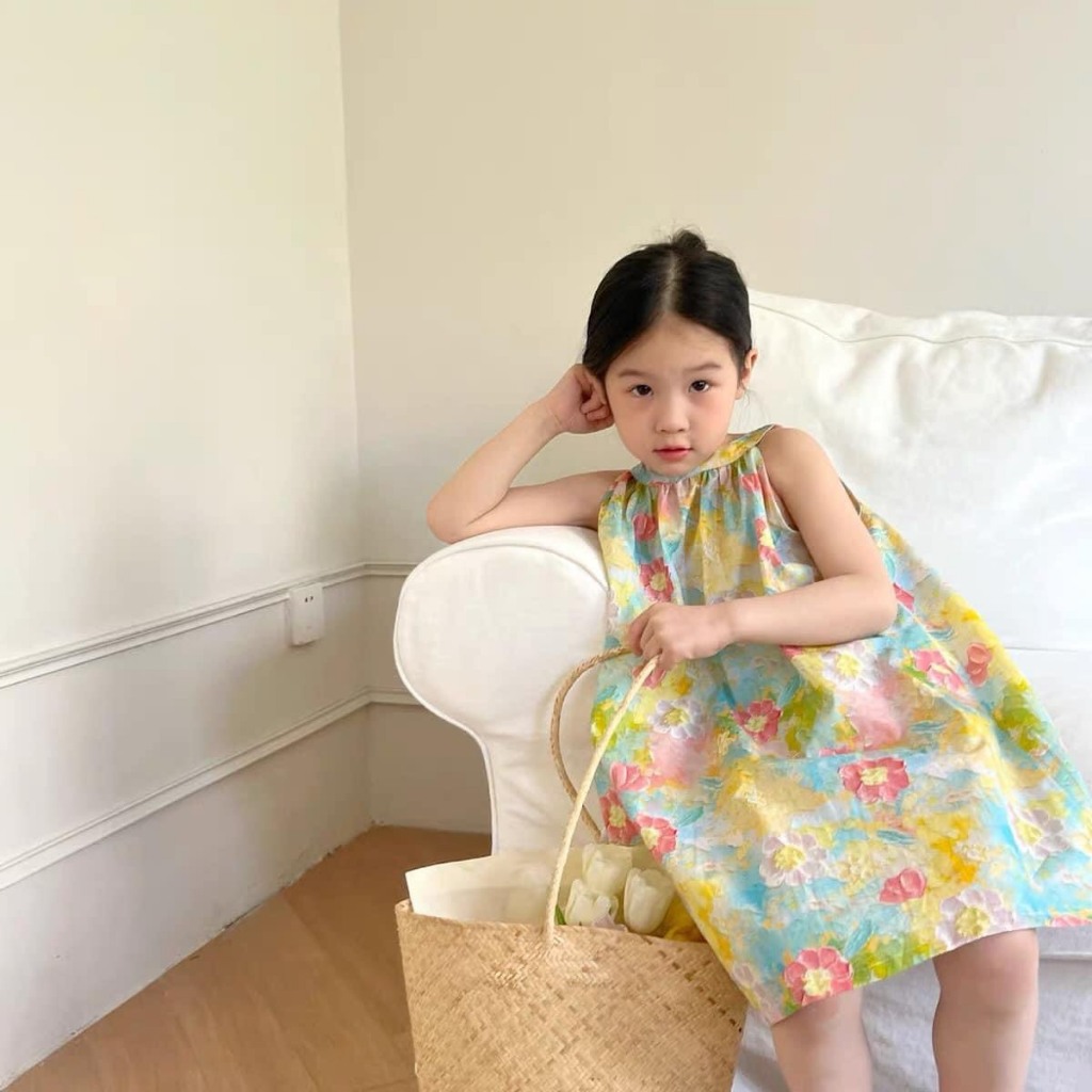 Váy bé gái dáng suông cổ yếm sát nách cho bé yêu từ 8-25kg