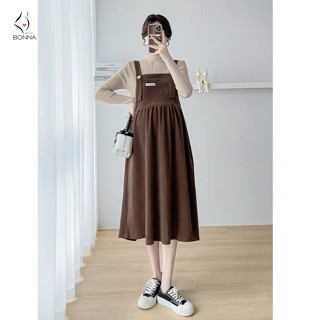 Set váy bầu thu đông BONNA dáng yếm baby doll dễ mặc chất nhung tăm cao cấp phối cùng áo len ấm áp, co dãn 4 chiều CH006