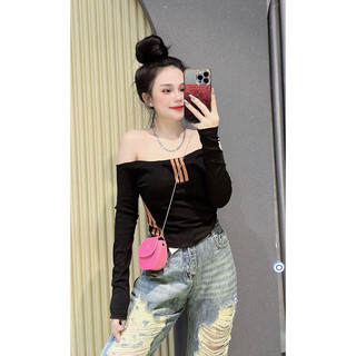 Áo thun nữ trễ vai tay dài phối 3 sọc thời trang chất thun lạnh mềm mát - Tiệm đồ nhà Lotus