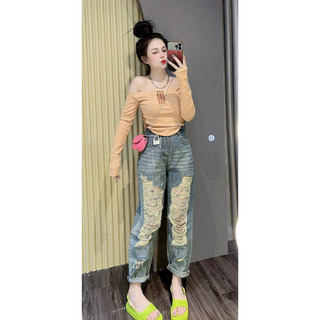 Áo thun nữ trễ vai tay dài phối 3 sọc thời trang chất thun lạnh mềm mát - Tiệm đồ nhà Lotus