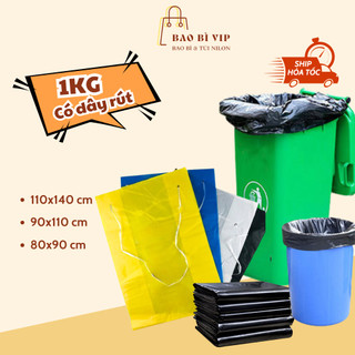 Túi rác có dây rút, 1kg/ bịch túi đựng chất thải không quai, túi rác xanh đen vàng trắng, tiết kệm