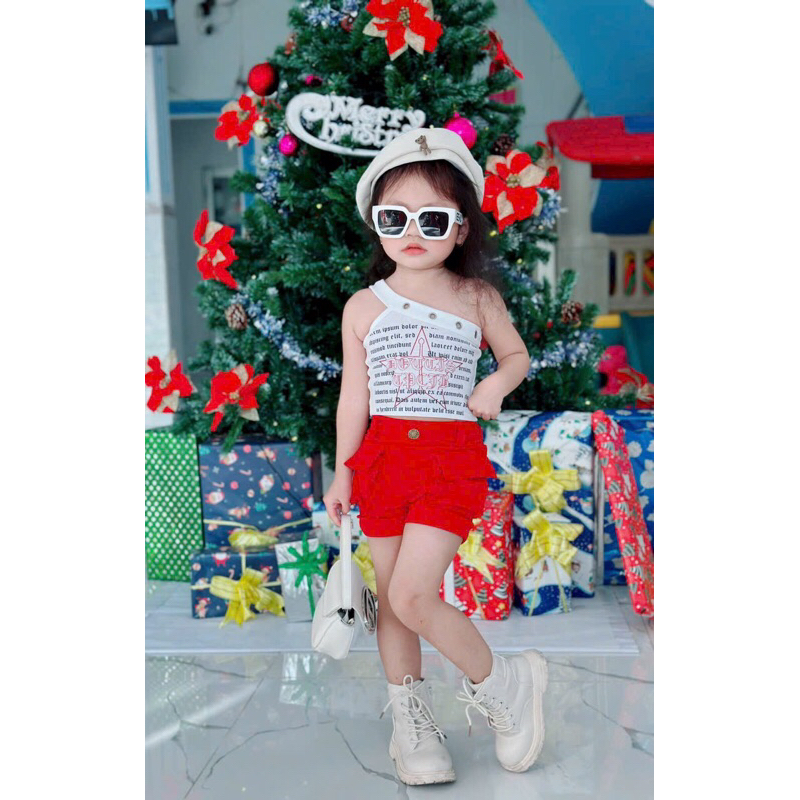 sét đùi đỏ,áo lệch vai cho bé gái