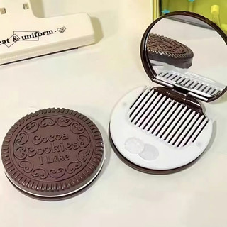  Gương mini cầm tay trang điểm nắp gập hình bánh quy dễ thương kèm lược-DREAM 