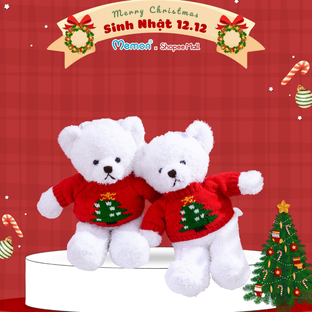 Gấu Bông Teddy Head Tales Trắng Áo Đỏ Giáng Sinh Noel Cao Cấp Memon