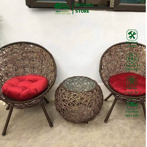 Bộ bàn ghế PuTin 3D chân chéo gồm 1 bàn và 2 ghế giả mây lõi thép dùng thư giãn trang trí sân vườn bảo hành 24 tháng