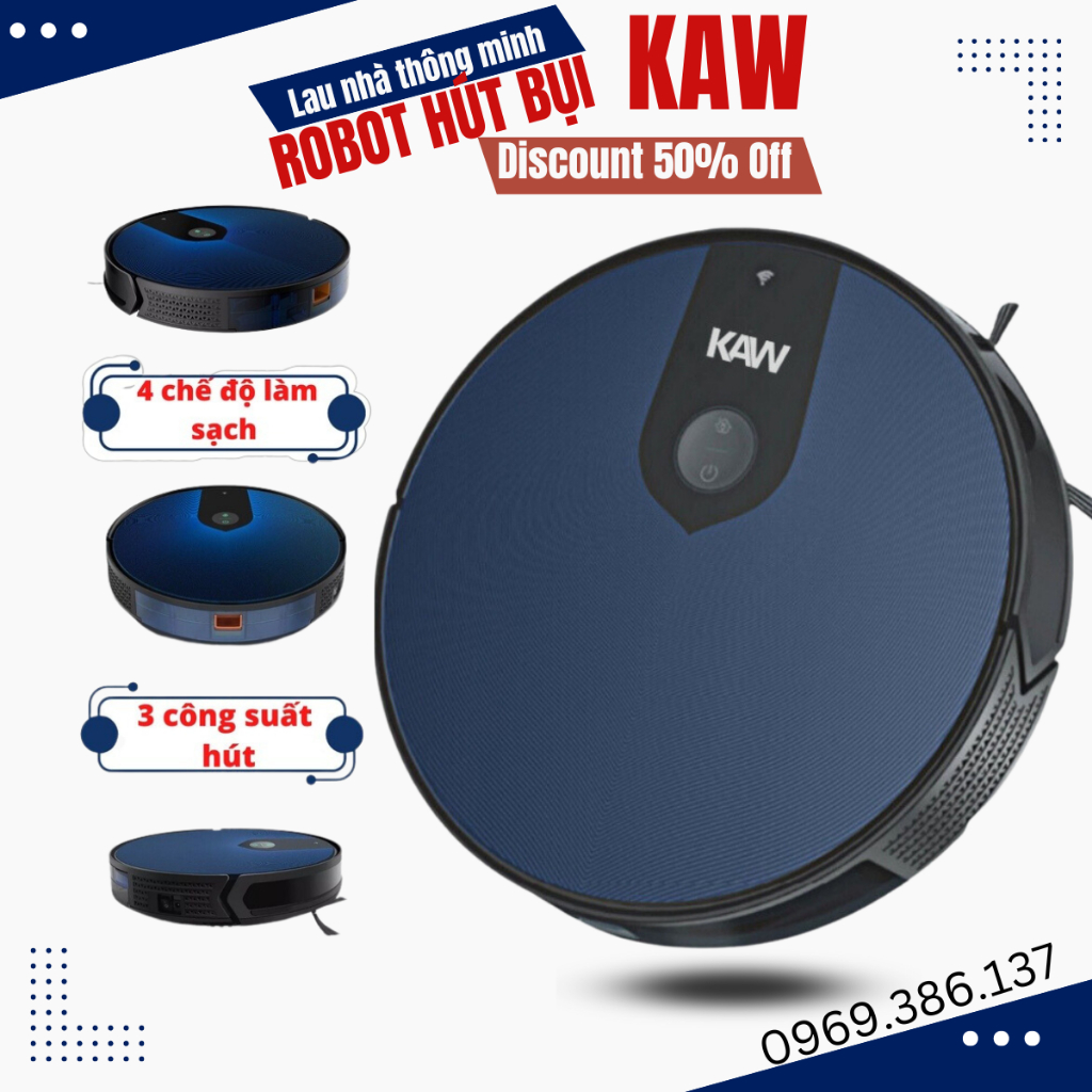 Robot hút bụi lau nhà KAW, Cảm biến, app điều khiển từ xa, Lực hút mạnh, diện tích hoạt động rộng