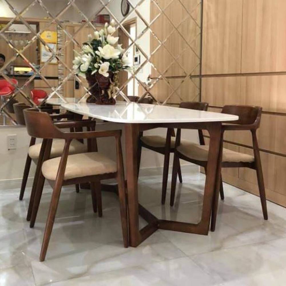 Bộ bàn ăn mặt đá IBIE Concord 4 - 6 - 8 ghế Praha gỗ cao su, tùy chọn màu sắc, hàng xuất khẩu loại 1