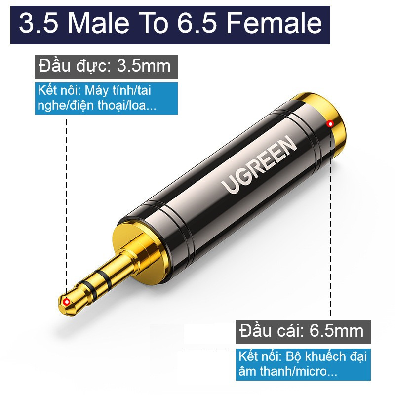 Đầu Jack chuyển 6.5mm sang 3.5mm và 3.5ly sang 6.5ly Ugreen đầu mạ vàng, chuyển đổi âm thanh mượt mà