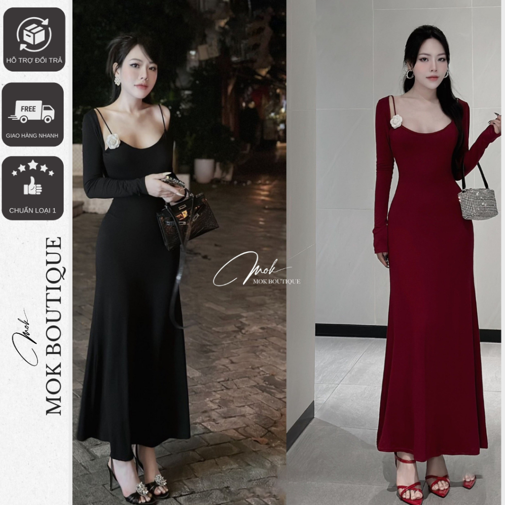 Váy đầm nữ ôm body tay dài phối dây, thiết kế dáng dài chất cotton co giãn phong cách thanh lịch, sang trọng