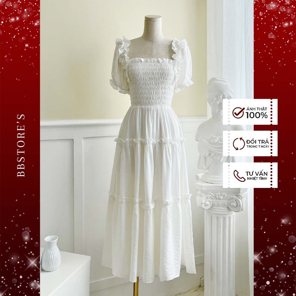 BBSTORE'S Đầm Maxi Tay Phồng Nhún Thun Bèo Tầng Thời Trang Đi Biển Cực Xinh -D2027