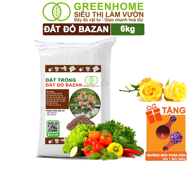 Đất Đỏ Bazan Greenhome, Bao 6kg, Đất Trồng Cây, Bổ Sung Phân Hữu Cơ, Vi Sinh Trồng Hoa Hồng, Kiểng Lá, Rau Sạch